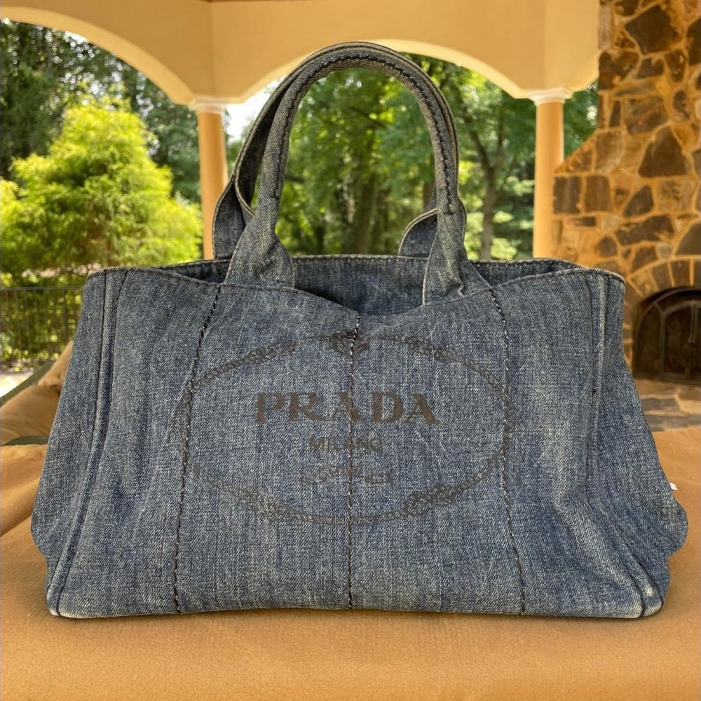 PRADA CANAPA Tote Bag, Large Tote, Handbag, Denim Canvas 100% AUTHENTIC!